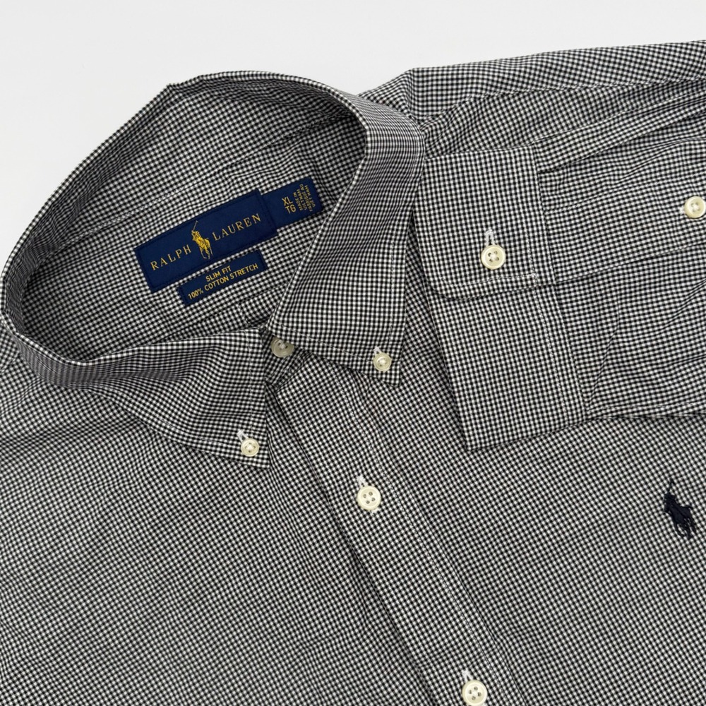 Ralph Lauren Mens XL Slim Fit Gingham Button Down Shirt Black White Cotton